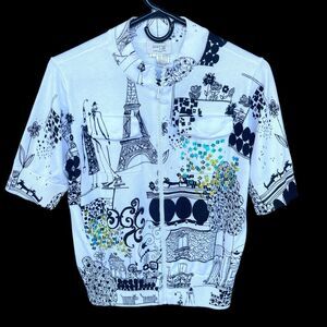 Vintage Sweater Womens Small Full Zip Beaded Short Sleeve Paris Vacation White